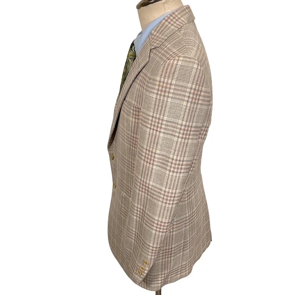 Hart Schaffner Marx Blazer Mens 38 Beige Pink Gray Plaid 80s‎ Preppy Jacket USA